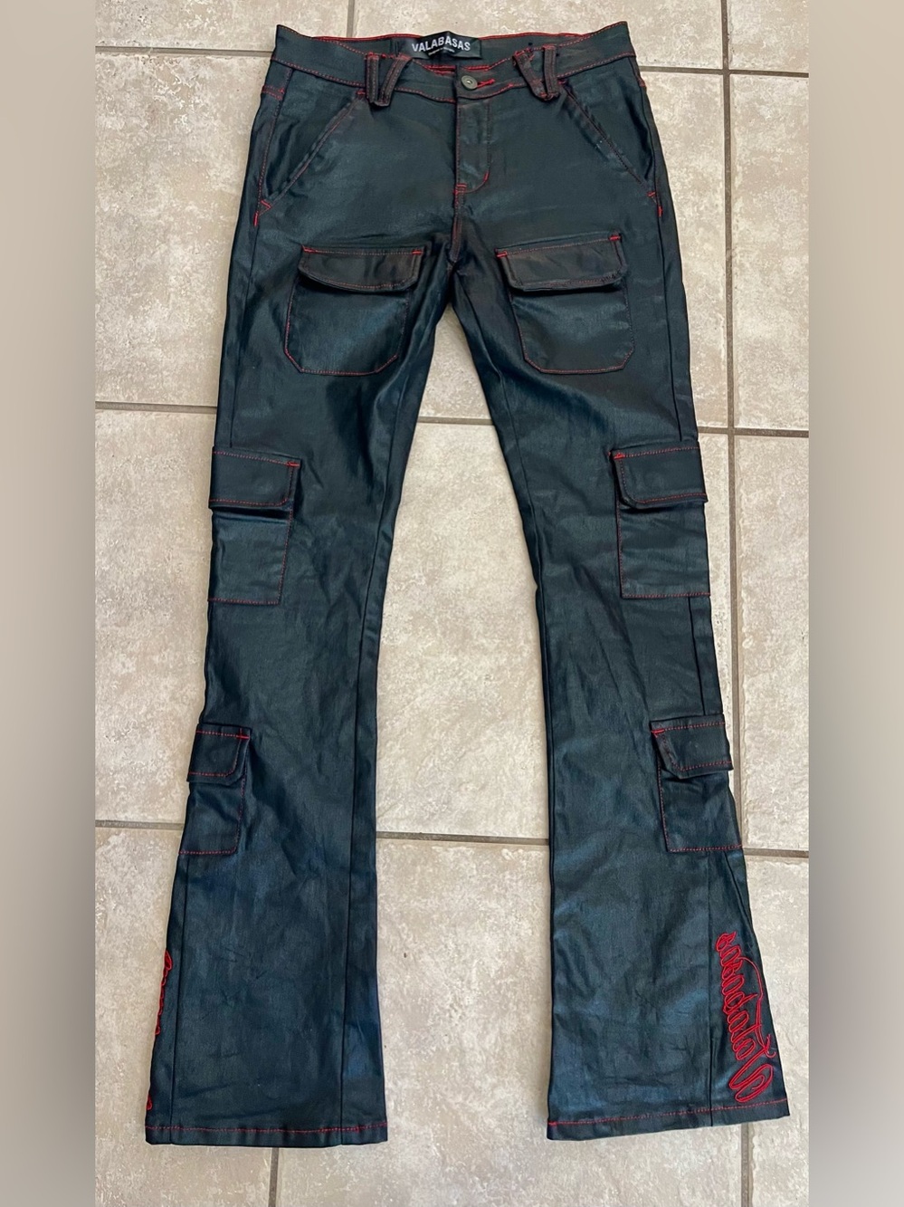 Valabasas Black Waxed Multi-Cargo Stacked Flare Jeans w/Red Stitching Detail